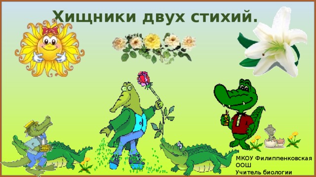 Хищники двух стихий. МКОУ Филиппенковская ООШ Учитель биологии Чалый Н.С.  2019 г. 