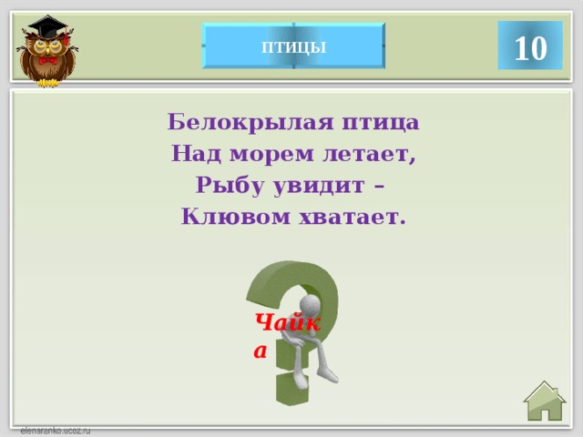 10 птицы Белокрылая птица Над морем летает, Рыбу увидит – Клювом хватает. Чайка 