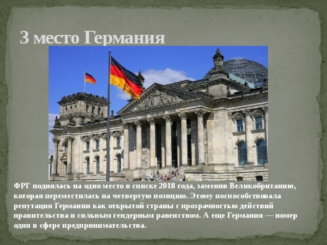 3 место Германия ФРГ поднялась на одно место в списке 2018 года, заменив Великобританию, которая переместилась на четвертую позицию. Этому поспособствовала репутация Германии как открытой страны с прозрачностью действий правительства и сильным гендерным равенством. А еще Германия — номер один в сфере предпринимательства.    