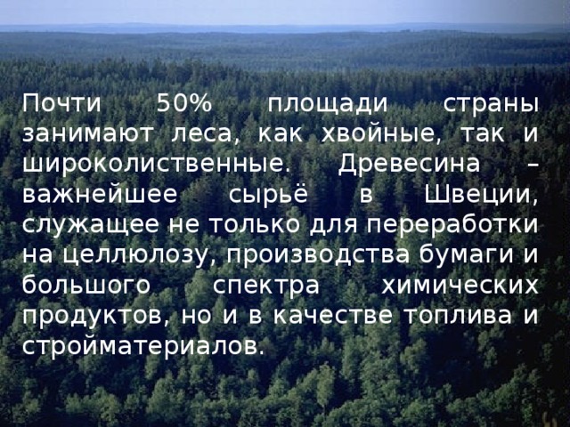 Почти 50% площади страны занимают леса, как хвойные, так и широколиственные. Древесина – важнейшее сырьё в Швеции, служащее не только для переработки на целлюлозу, производства бумаги и большого спектра химических продуктов, но и в качестве топлива и стройматериалов. 