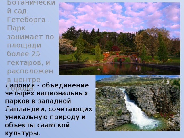 Ботанический сад Гетеборга . Парк занимает по площади более 25 гектаров, и расположен в центре города. Лапония - объединение четырёх национальных парков в западной Лапландии, сочетающих уникальную природу и объекты саамской культуры. 
