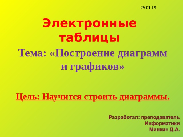 29.01.19 Электронные таблицы Тема: «Построение диаграмм и графиков»  Цель: Научится строить диаграммы.  