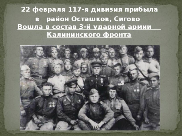  22 февраля 117-я дивизия прибыла  в район Осташков, Сигово  Вошла в состав 3-й ударной армии Калининского фронта 