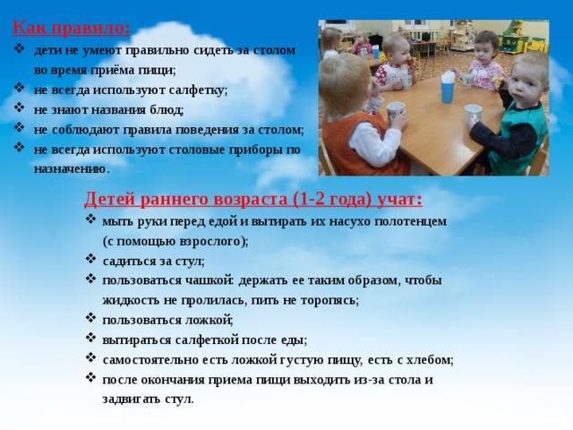 Как правило: дети не умеют правильно сидеть за столом во время приёма пищи; не всегда используют салфетку; не знают названия блюд; не соблюдают правила поведения за столом; не всегда используют столовые приборы по назначению. Детей раннего возраста (1-2 года) учат: мыть руки перед едой и вытирать их насухо полотенцем (с помощью взрослого); садиться за стул; пользоваться чашкой: держать ее таким образом, чтобы жидкость не пролилась, пить не торопясь; пользоваться ложкой; вытираться салфеткой после еды; самостоятельно есть ложкой густую пищу, есть с хлебом; после окончания приема пищи выходить из-за стола и задвигать стул. 
