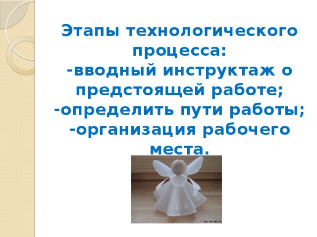 Этапы технологического процесса:  -вводный инструктаж о предстоящей работе;  -определить пути работы;  -организация рабочего места. 