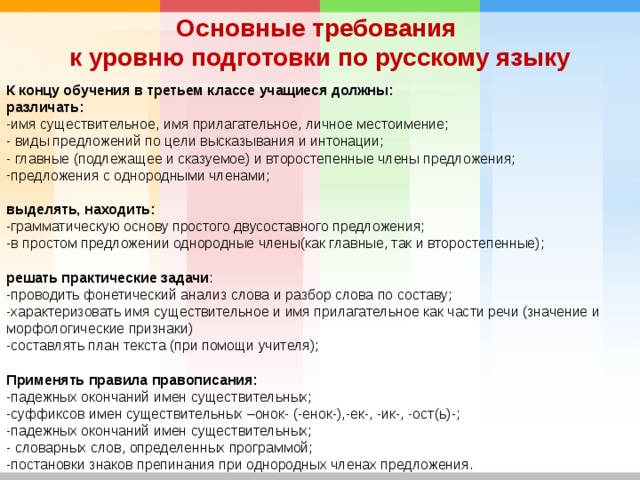 Основные требования к уровню подготовки по русскому языку К концу обучения в третьем классе учащиеся должны: различать: -имя существительное, имя прилагательное, личное местоимение; - виды предложений по цели высказывания и интонации; - главные (подлежащее и сказуемое) и второстепенные члены предложения; предложения с однородными членами; выделять, находить: -грамматическую основу простого двусоставного предложения; -в простом предложении однородные члены(как главные, так и второстепенные); решать практические задачи : -проводить фонетический анализ слова и разбор слова по составу; -характеризовать имя существительное и имя прилагательное как части речи (значение и морфологические признаки) -составлять план текста (при помощи учителя); Применять правила правописания: -падежных окончаний имен существительных; -суффиксов имен существительных –онок- (-енок-),-ек-, -ик-, -ост(ь)-; -падежных окончаний имен существительных; - словарных слов, определенных программой; -постановки знаков препинания при однородных членах предложения. 