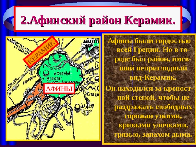КЕРАМИК 2.Афинский район Керамик. Афины были гордостью всей Греции. Но в го-роде был район, имев-ший неприглядный вид-Керамик. Он находился за крепост-ной стеной, чтобы не раздражать свободных горожан узкими, кривыми улочками, грязью, запахом дыма. АФИНЫ 