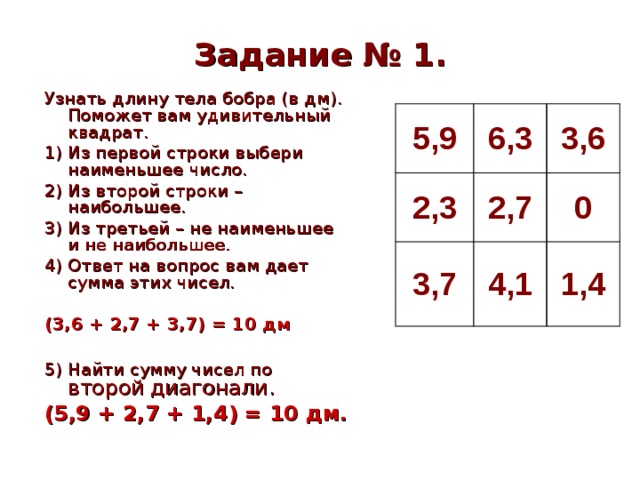 Задание  №  1. Узнать длину тела бобра (в дм ) .  Поможет вам удивительный квадрат. 1) Из первой строки выбери наименьшее число. 2) Из второй строки – наибольшее. 3) Из третьей – не наименьшее и не наибольшее. 4) Ответ на вопрос вам дает сумма этих чисел. (3,6 + 2,7 + 3,7) = 10 дм 5) Найти сумму чисел по  второй диагонали. (5,9 + 2,7 + 1,4) = 10 дм.  5,9 6,3 2,3 3,6 2,7 3,7 4,1 0 1,4 