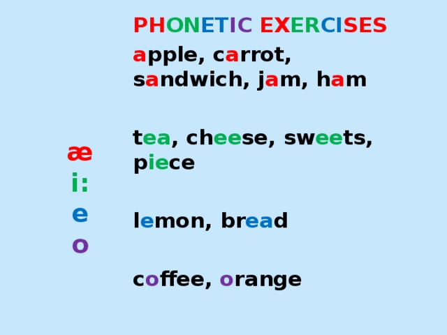 PH ON ET IC EX ER CI SES a pple, c a rrot, s a ndwich, j a m, h a m  t ea , ch ee se, sw ee ts, p ie ce  l e mon, br ea d  c o ffee, o range æ  i:  e  o    