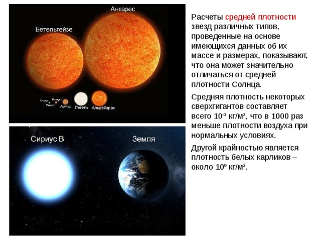 Расчеты средней плотности звезд различных типов, проведенные на основе имеющихся данных об их массе и размерах, показывают, что она может значительно отличаться от средней плотности Солнца. Средняя плотность некоторых сверхгигантов составляет всего 10 -3 кг/м 3 , что в 1000 раз меньше плотности воздуха при нормальных условиях. Другой крайностью является плотность белых карликов – около 10 9 кг/м 3 . 