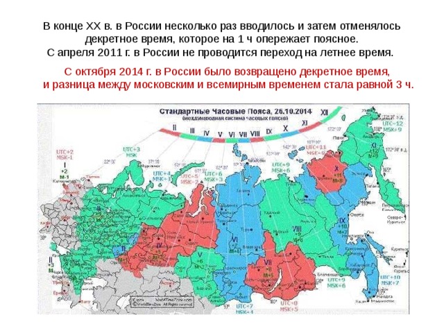 Время – это непрерывная череда сменяющих друг друга явлений. В конце ХХ в. в России несколько раз вводилось и затем отменялось декретное время, которое на 1 ч опережает поясное. С апреля 2011 г. в России не проводится переход на летнее время. С октября 2014 г. в России было возвращено декретное время, и разница между московским и всемирным временем стала равной 3 ч. 
