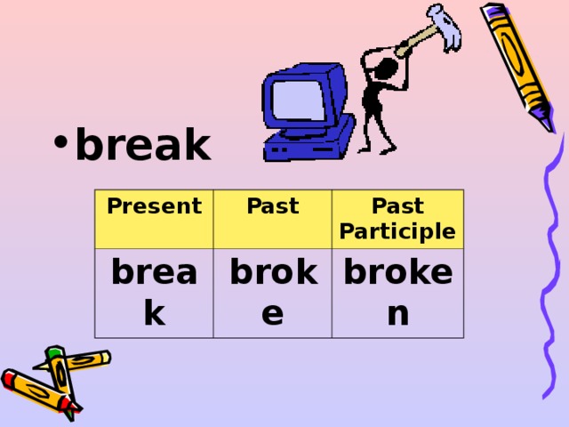 break  Present break Past Past Participle broke broken 