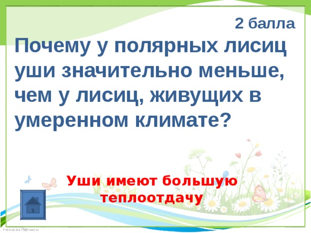 2 балла Почему у полярных лисиц уши значительно меньше, чем у лисиц, живущих в умеренном климате? Уши имеют большую теплоотдачу 