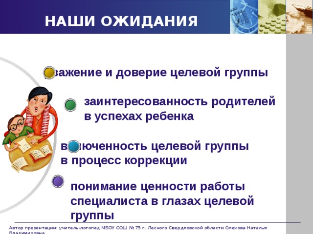 НАШИ ОЖИДАНИЯ уважение и доверие целевой группы заинтересованность родителей в успехах ребенка включенность целевой группы в процесс коррекции понимание ценности работы специалиста в глазах целевой группы Автор презентации: учитель-логопед МБОУ СОШ № 75 г. Лесного Свердловской области Смехова Наталья Владимировна 