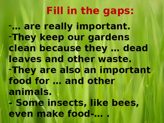 Fill in the gaps:  … are really important. They keep our gardens clean because they … dead leaves and other waste. They are also an important food for … and other animals. - Some insects, like bees, even make food-… . 