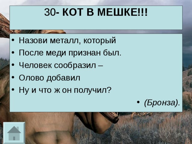 30 - КОТ В МЕШКЕ!!!   Назови металл, который После меди признан был. Человек сообразил – Олово добавил Ну и что ж он получил? (Бронза). 
