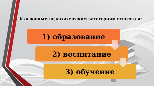 К основным педагогическим категориям относятся:   1) образование 2) воспитание 3) обучение 
