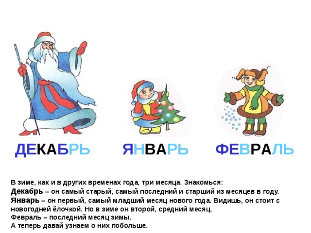 ДЕ КА Б РЬ Я Н В А РЬ ФЕ В Р А Л Ь В зиме, как и в других временах года, три месяца. Знакомься:  Декабрь – он самый старый, самый последний и старший из месяцев в году.  Январь – он первый, самый младший месяц нового года. Видишь, он стоит с новогодней ёлочкой. Но в зиме он второй, средний месяц.  Февраль – последний месяц зимы.  А теперь давай узнаем о них побольше. 
