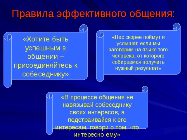 Правила эффективного общения: «Нас скорее поймут и услышат, если мы заговорим на языке того человека, от которого собираемся получить нужный результат» «Хотите быть успешным в общении – присоединяйтесь к собеседнику» «В процессе общения не навязывай собеседнику своих интересов, а подстраивайся к его интересам, говори о том, что интересно ему» 