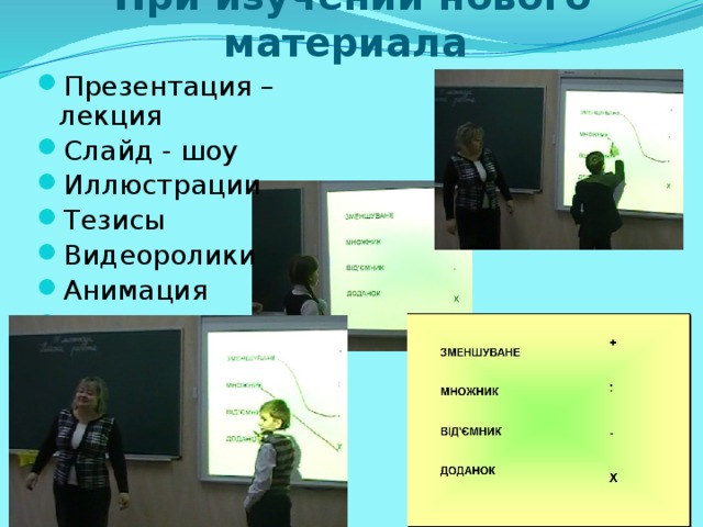 При изучении нового материала Презентация – лекция Слайд - шоу Иллюстрации Тезисы Видеоролики Анимация Схемы 