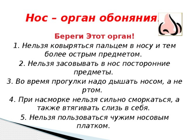 Нос – орган обоняния. Береги Этот орган! 1. Нельзя ковыряться пальцем в носу и тем более острым предметом. 2. Нельзя засовывать в нос посторонние предметы.  3. Во время прогулки надо дышать носом, а не ртом.   4. При насморке нельзя сильно сморкаться, а также втягивать слизь в себя. 5. Нельзя пользоваться чужим носовым платком.  