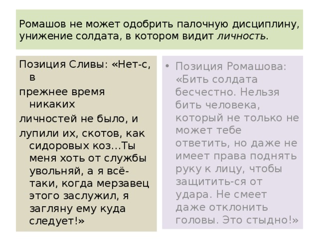 Ромашов не может одобрить палочную дисциплину, унижение солдата, в котором видит личность. Позиция Сливы: «Нет-с, в Позиция Ромашова: «Бить солдата бесчестно. Нельзя бить человека, который не только не может тебе ответить, но даже не имеет права поднять руку к лицу, чтобы защитить-ся от удара. Не смеет даже отклонить головы. Это стыдно!» прежнее время никаких личностей не было, и лупили их, скотов, как сидоровых коз…Ты меня хоть от службы увольняй, а я всё-таки, когда мерзавец этого заслужил, я загляну ему куда следует!» 