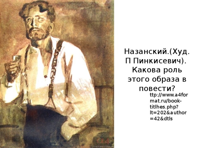 ttp://www.a4format.ru/book-titlhes.php?lt=202&author=42&dtls Назанский.(Худ. П Пинкисевич). Какова роль этого образа в повести?   
