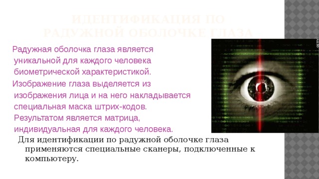 Идентификация по радужной оболочке глаза Радужная оболочка глаза является уникальной для каждого человека биометрической характеристикой. Изображение глаза выделяется из изображения лица и на него накладывается специальная маска штрих-кодов. Результатом является матрица, индивидуальная для каждого человека. Для идентификации по радужной оболочке глаза применяются специальные сканеры, подключенные к компьютеру. 