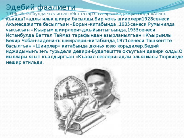 Эдебий фаалиети 1913с.Истанбулда чыкъкъан «Яш татар язылары»меджмуасында «Ананъ къайда?»адлы ильк шиири басылды.Бир чокъ шиирлери1928сенеси Акъмесджитте басылгъан «Боран»китабында ,1935сенеси Румынияда чыкъкъан «Къырым шиирлери»джыйынтыгъында,1955сенеси Истанбулда Баттал Таймаз тарафындан азырланылгъан «Къырымлы Бекир Чобан-заденинъ шиирлери»китабында,1971сенеси Ташкентте басылгъан «Шиирлер» китабында дюнья юзю корьдилер.Бедий иджадынынъ энъ гурьдели девири-Будапештте окъугъан девири олды.О йыллары язып къалдыргъан «Къавал сеслери»адлы эльязмасы Тюркиеде нешир этильди. 