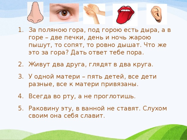За поляною гора, под горою есть дыра, а в горе – две печки, день и ночь жарою пышут, то сопят, то ровно дышат. Что же это за гора? Дать ответ тебе пора. Живут два друга, глядят в два круга. У одной матери – пять детей, все дети разные, все к матери привязаны. Всегда во рту, а не проглотишь. Раковину эту, в ванной не ставят. Слухом своим она себя славит. 
