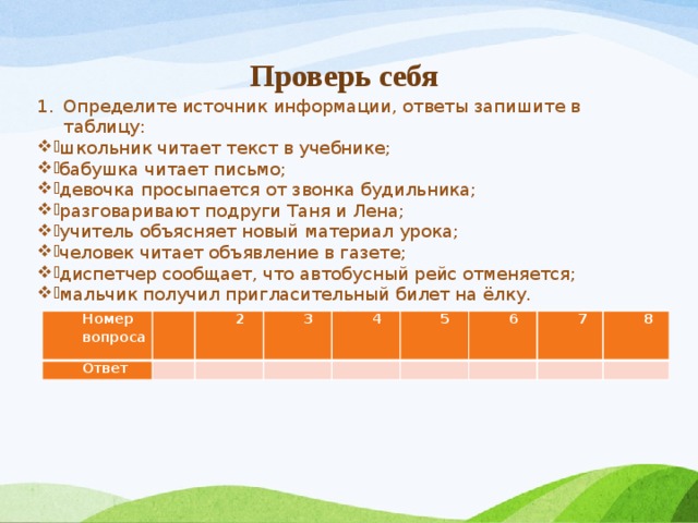 Проверь себя Определите источник информации, ответы запишите в таблицу: школьник читает текст в учебнике; бабушка читает письмо; девочка просыпается от звонка будильника; разговаривают подруги Таня и Лена; учитель объясняет новый материал урока; человек читает объявление в газете; диспетчер сообщает, что автобусный рейс отменяется; мальчик получил пригласительный билет на ёлку.  Номер вопроса Ответ 1 2   3   4     5 6     7 8     