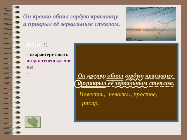 Он крепко обнял гордую красавицу и прикрыл её зеркальным стеклом. Шаг 5  Он крепко обнял гордую красавицу и прикрыл её зеркальным стеклом.  - охарактеризовать второстепенные члены . невоскл.,  простое, Повеств., распр. 