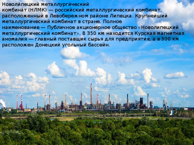 Новоли́пецкий металлурги́ческий комбина́т (НЛМК) — российский металлургический комбинат, расположенный в Левобережном районе Липецка. Крупнейший металлургический комбинат в стране. Полное наименование — Публичное акционерное общество «Новолипецкий металлургический комбинат». В 350 км находится Курская магнитная аномалия — главный поставщик сырья для предприятия, а в 500 км расположен Донецкий угольный бассейн. 