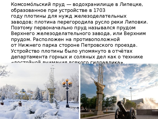 Комсомо́льский пруд — водохранилище в Липецке, образованное при устройстве в 1703 году плотины для нужд железоделательных заводов; плотина перегородила русло реки Липовки. Поэтому первоначально пруд назывался прудом Верхнего железоделательного завода, или Верхним прудом. Расположен на противоположной от Нижнего парка стороне Петровского проезда. Устройство плотины было упомянуто в отчётах департамента горных и соляных дел как о технике «достойной внимания всякого гидравлика». 