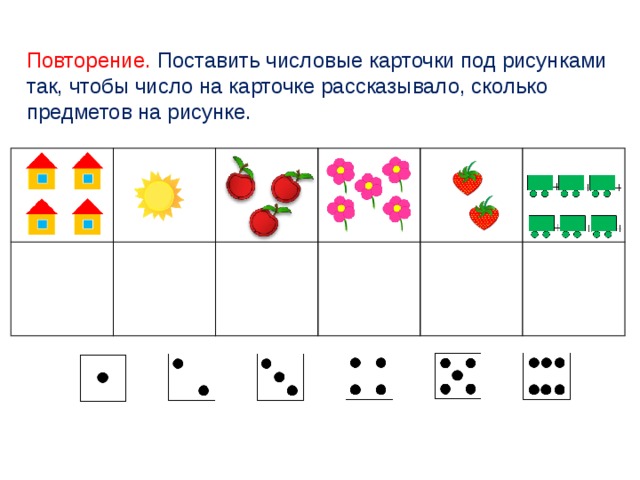 Повторение. Поставить числовые карточки под рисунками так, чтобы число на карточке рассказывало, сколько предметов на рисунке. 