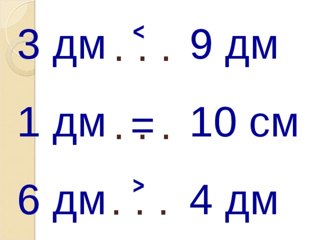 3 дм 9 дм 1 дм 10 см 6 дм 4 дм . . . ˂   = . . . . . . ˃  