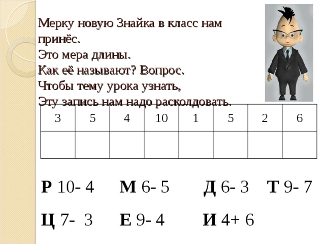 Мерку новую Знайка в класс нам принёс.  Это мера длины.  Как её называют? Вопрос.  Чтобы тему урока узнать,  Эту запись нам надо расколдовать. 3 5 4 10 1 5 2 6 Р 10- 4   М 6- 5  Д 6- 3 Т 9- 7 Ц 7- 3   Е 9- 4   И 4+ 6  