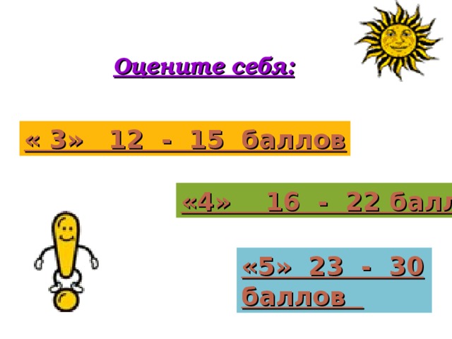 Оцените себя: « 3» 12 - 15 баллов «4» 16 - 22 балла «5» 23 - 30 баллов 