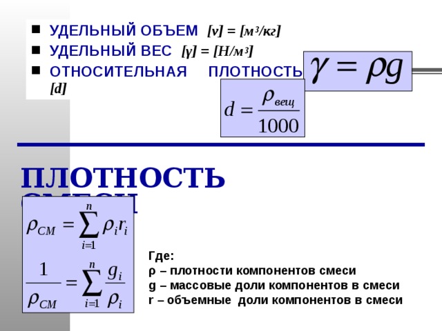 УДЕЛЬНЫЙ ОБЪЕМ [v] = [ м 3 / кг ] УДЕЛЬНЫЙ ВЕС  [ γ ] = [ Н/м 3 ] ОТНОСИТЕЛЬНАЯ ПЛОТНОСТЬ  [d]  ПЛОТНОСТЬ СМЕСИ Где:  ρ – плотности компонентов смеси g – массовые доли компонентов в смеси r – объемные доли компонентов в смеси 