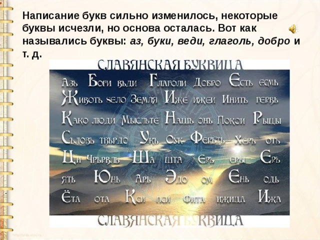 Написание букв сильно изменилось, некоторые буквы исчезли, но основа осталась. Вот как назывались буквы: аз, буки,  веди, глаголь, добро и т. д. 