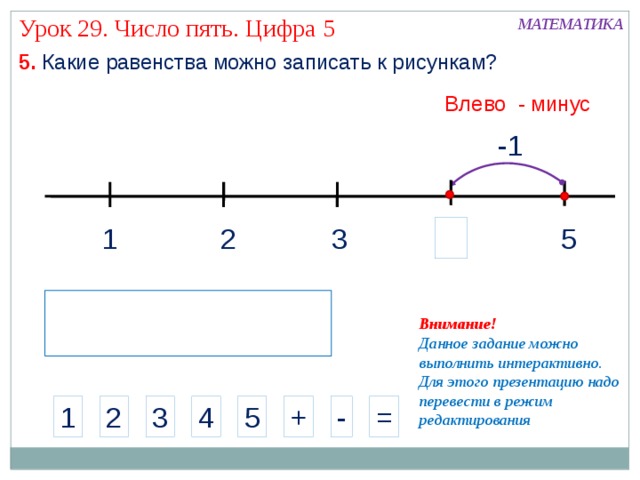 Урок 29. Число пять. Цифра 5 МАТЕМАТИКА 5. Какие равенства можно записать к рисункам? Влево - минус -1 5 1 3 2 Внимание! Данное задание можно выполнить интерактивно. Для этого презентацию надо перевести в режим редактирования = - 4 3 2 5 1 + 