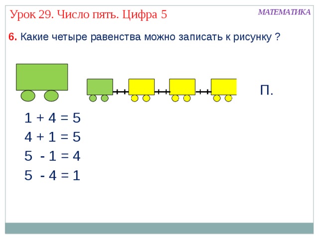 Урок 29. Число пять. Цифра 5 МАТЕМАТИКА 6. Какие четыре равенства можно записать к рисунку ? П. 1 + 4 = 5 4 + 1 = 5 5 - 1 = 4 5 - 4 = 1 