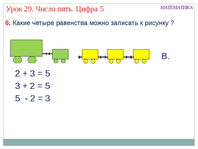 Урок 29. Число пять. Цифра 5 МАТЕМАТИКА 6. Какие четыре равенства можно записать к рисунку ? В. 2 + 3 = 5 3 + 2 = 5 5 - 2 = 3 