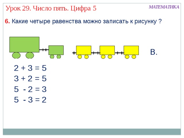 Урок 29. Число пять. Цифра 5 МАТЕМАТИКА 6. Какие четыре равенства можно записать к рисунку ? В. 2 + 3 = 5 3 + 2 = 5 5 - 2 = 3 5 - 3 = 2 