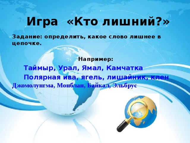 Игра «Кто лишний?» Задание: определить, какое слово лишнее в цепочке.  Например:  Таймыр, Урал, Ямал, Камчатка  Полярная ива, ягель, лишайник, клен Джомолунгма, Монблан, Байкал, Эльбрус  