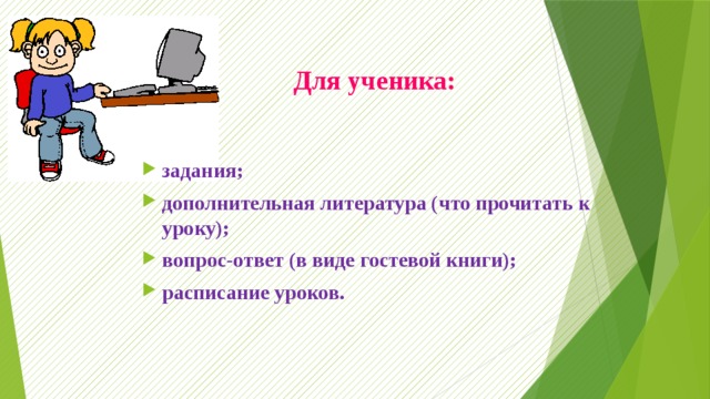  Для ученика:   задания; дополнительная литература (что прочитать к уроку); вопрос-ответ (в виде гостевой книги); расписание уроков. 