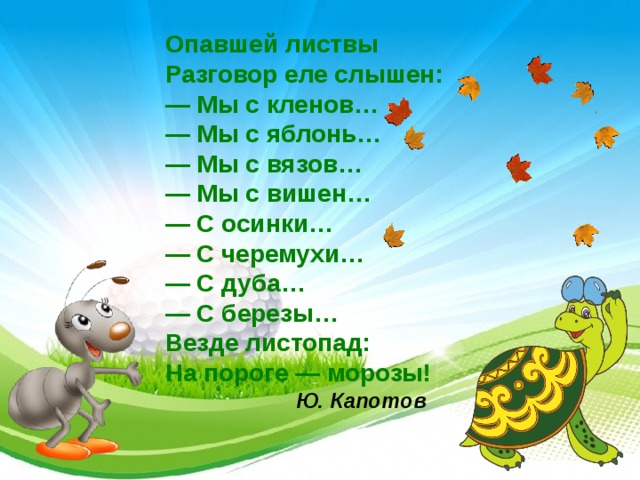Опавшей листвы  Разговор еле слышен:  — Мы с кленов…  — Мы с яблонь…  — Мы с вязов…  — Мы с вишен…  — С осинки…  — С черемухи…  — С дуба…  — С березы…  Везде листопад:  На пороге — морозы!   Ю. Капотов  