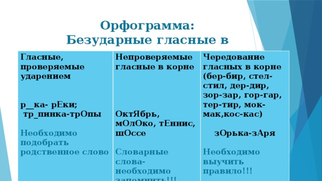 Орфограмма:  Безударные гласные в корне Гласные, проверяемые ударением  Непроверяемые гласные в корне   Чередование гласных в корне  р__ка- рЕки; (бер-бир, стел-стил, дер-дир, зор-зар, гор-гар, тер-тир, мок-мак,кос-кас)   тр_пинка-трОпы    зОрька-зАря ОктЯбрь, мОлОко, тЕннис, шОссе Необходимо подобрать родственное слово   Необходимо выучить правило!!! Словарные слова- необходимо запомнить!!! 