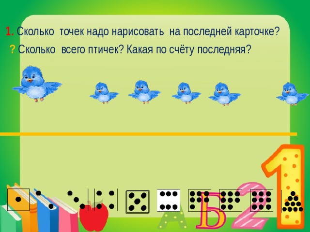 1. Сколько точек надо нарисовать на последней карточке? ?  Сколько всего птичек? Какая по счёту последняя? 