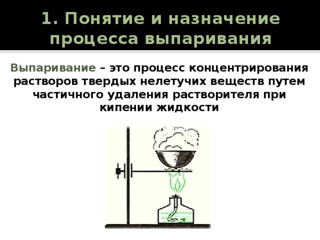1. Понятие и назначение  процесса выпаривания Выпаривание – это процесс концентрирования растворов твердых нелетучих веществ путем частичного удаления растворителя при кипении жидкости 